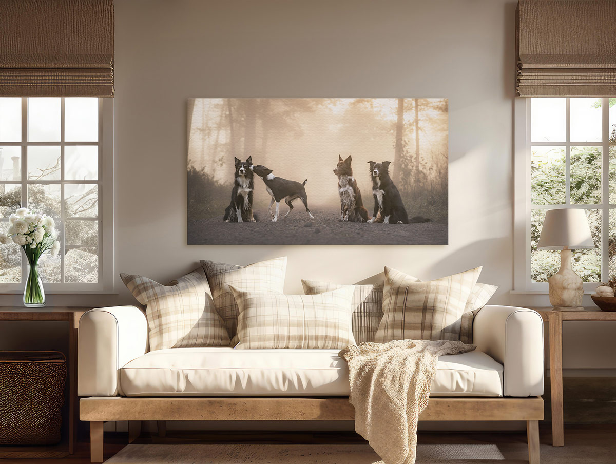 Grosses Wandbild mit vier Border Collies im Nebel über dem Sofa